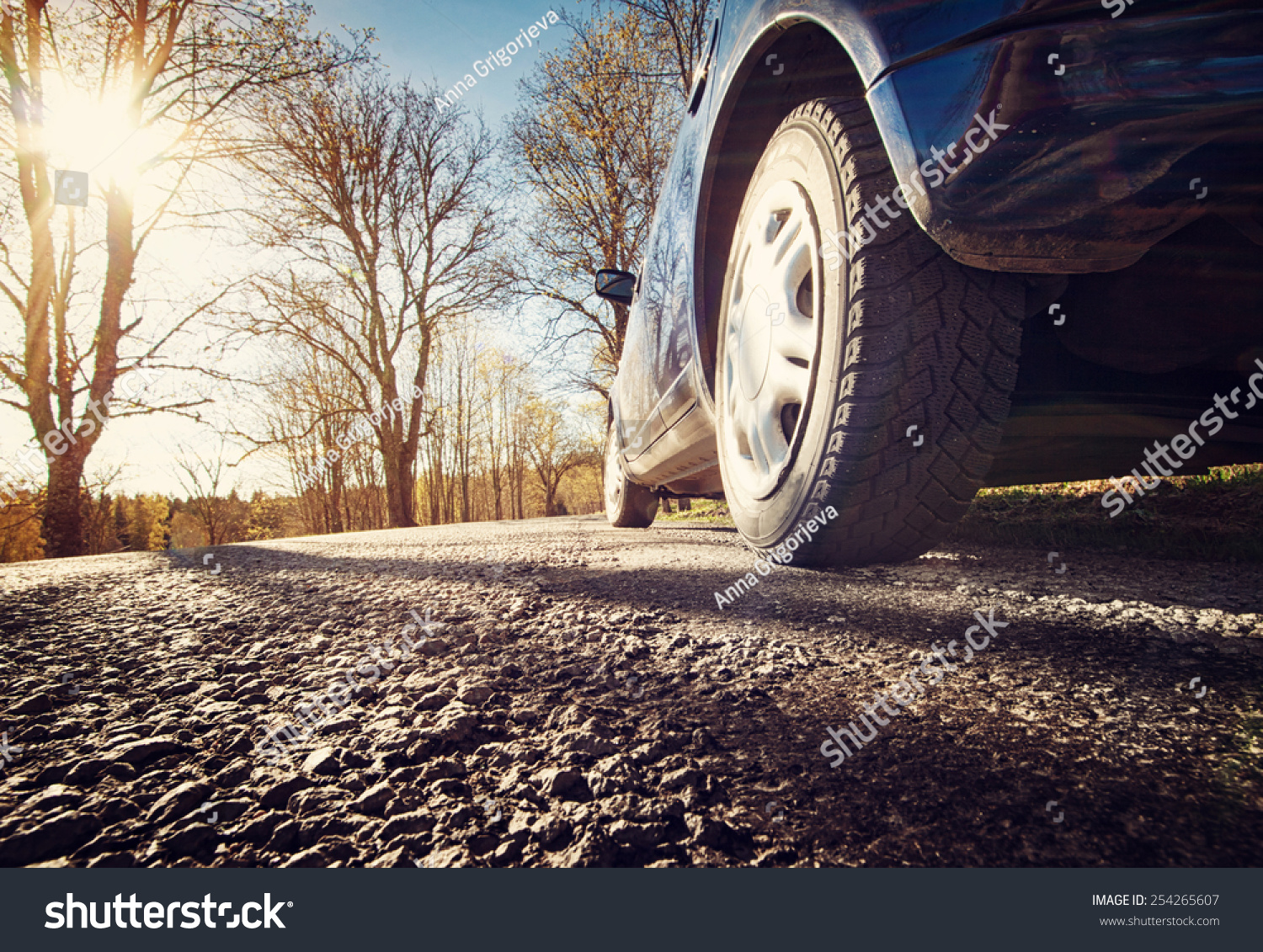 Car on asphalt road in spring morning
