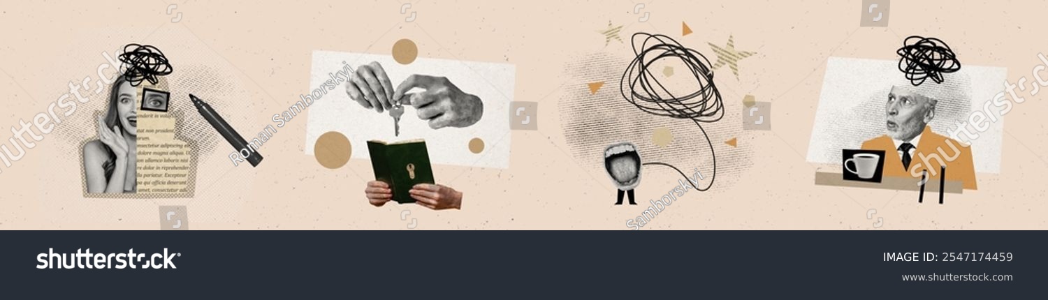 Artwork sketch image photo collage of horizontal panorama young lady scream aged man half head drink coffee mess line think mind book read