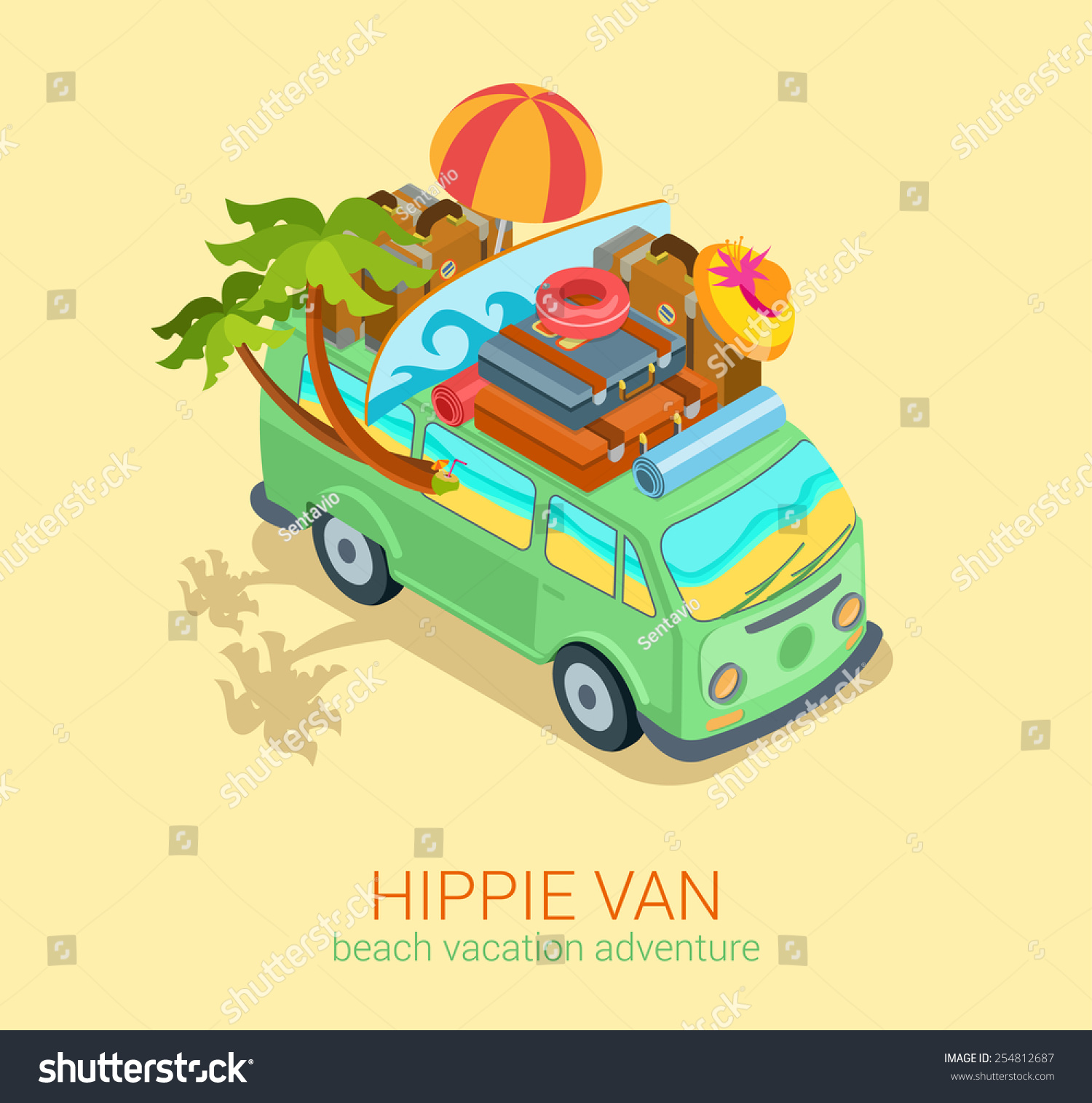 Hippie van travel beach adventure vacation flat 3d web isometric infographic concept vector. Minibus microbus bus vehicle suitcases surfboard palms sand and sea inside. Creative tourism collection.