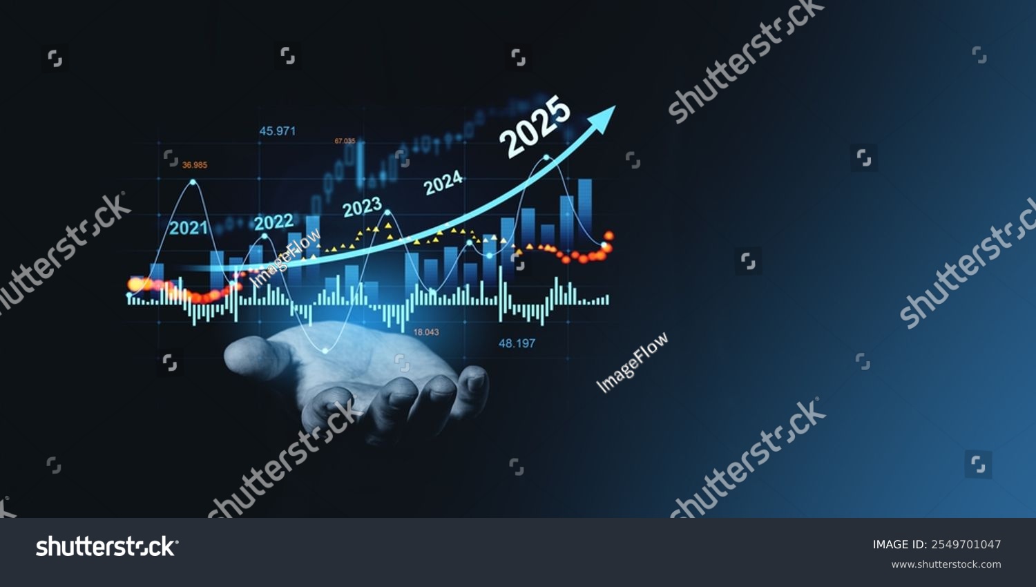 A hand holds a financial graph displaying upward market trends from 2021 to 2025 with candlestick patterns on a dark background symbolizing financial forecasting and future growth