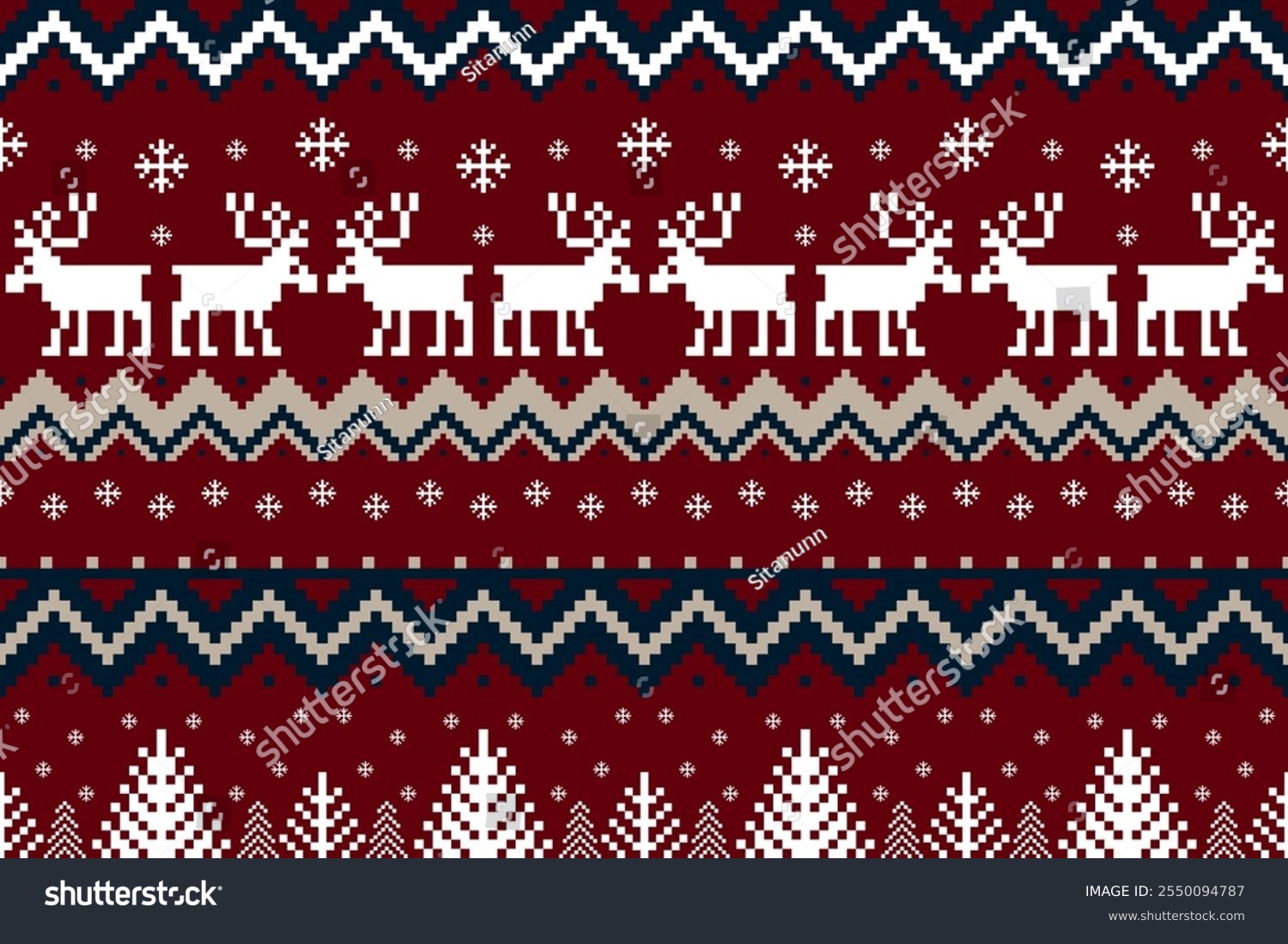 Christmas and New year pixel pattern design. Red  blue  green and beige Christmas ethnic pixel pattern. Reindeers  pine trees  and snowflakes for Christmas sweater  jumper  card  gift wrap  winter hat