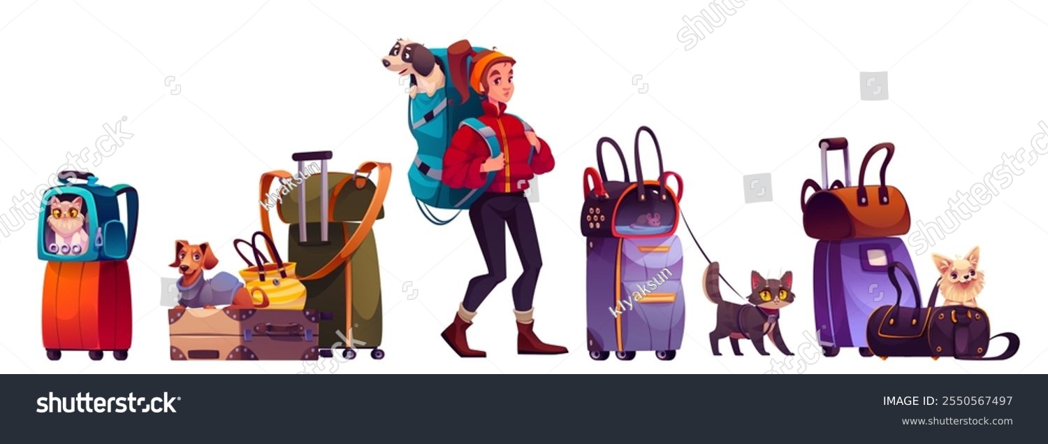 Pet travel equipment set with cat carriers  luggage bags  suitcases  woman carrying dog in backpack. Companion animals - puppy  black feline  ginger kitten  dachshund with transportation for trip.