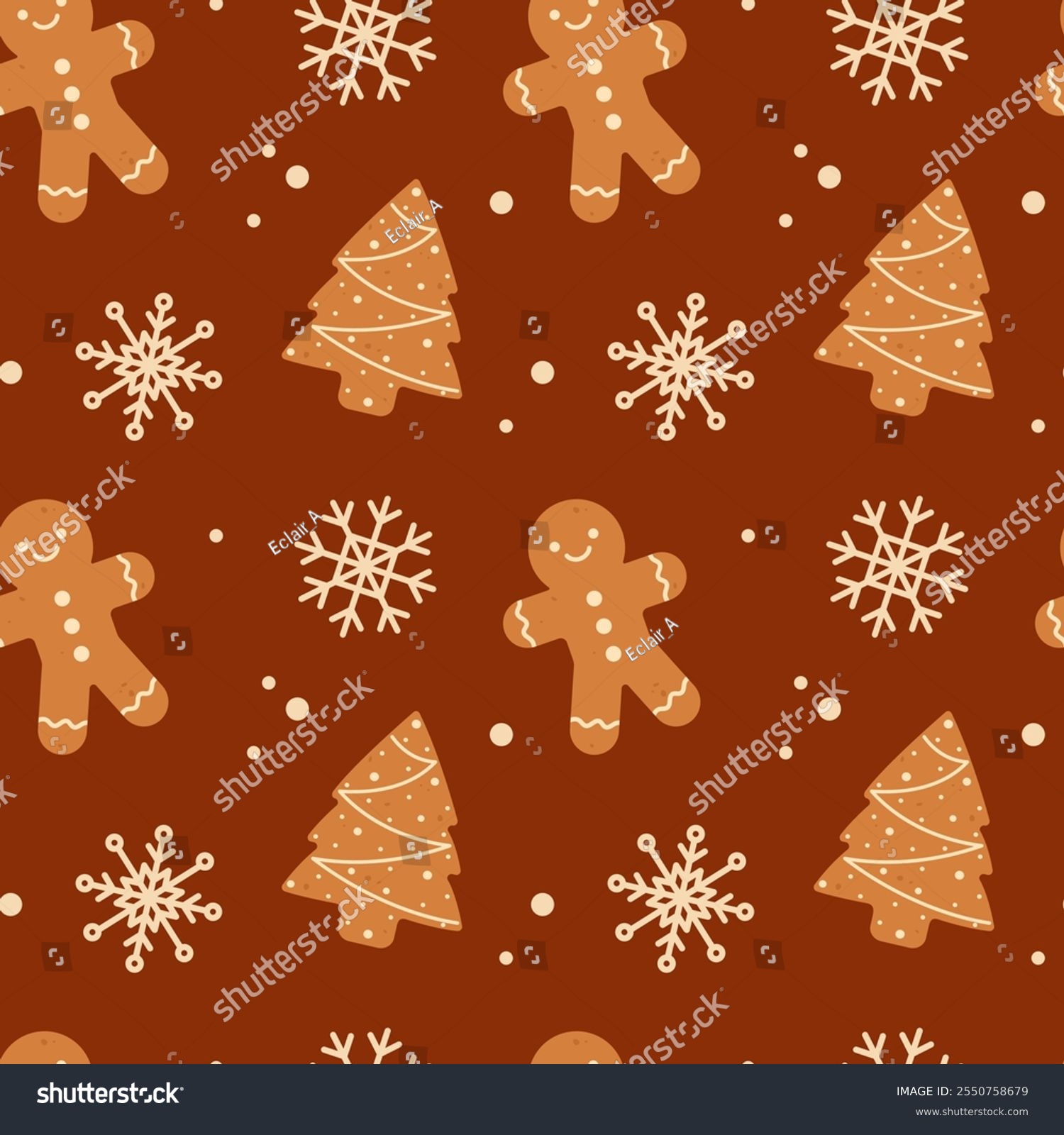 Gingerbread Christmas cookies seamless pattern. Christmas print for fabric and wrapping paper. Flat vector illustration 