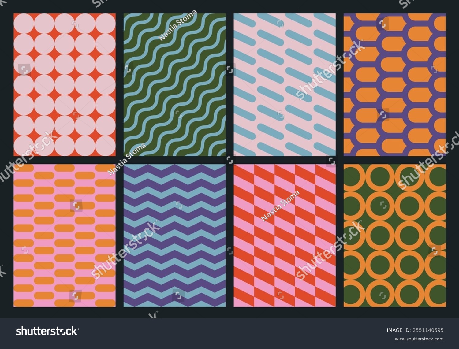 Set of colorful geometric backgrounds. Minimalist posters in trendy vintage style. Abstract design with simple shapes for greeting card  flyer  cover  wallpaper  brochure  banner  social media.