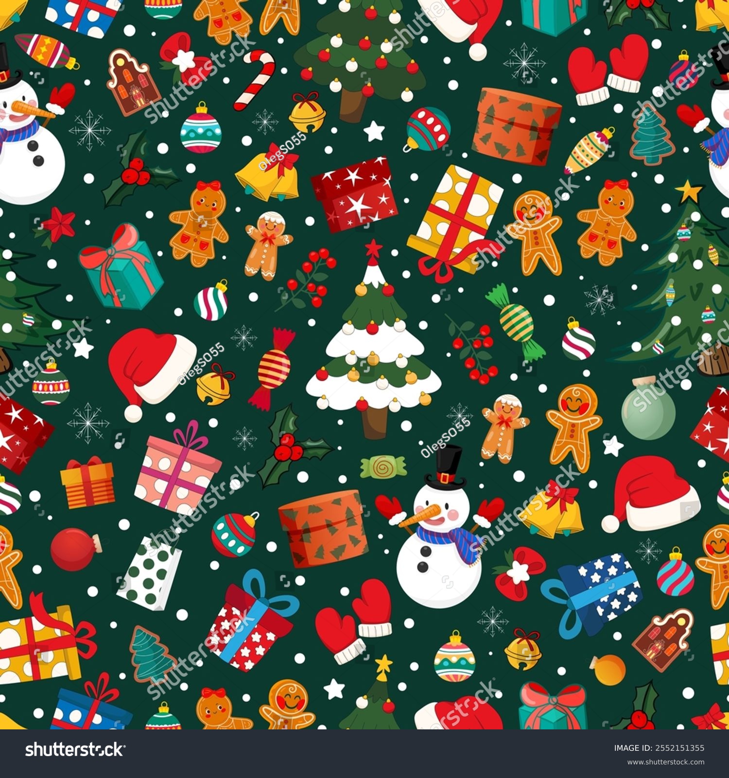 Winter  New Year  Christmas  holiday seamless pattern  dark green background  illustration  vector
