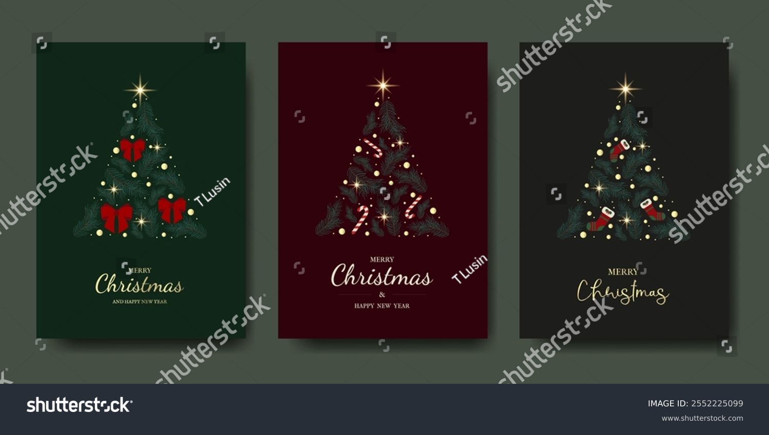 Set of Luxury Christmas Tree Posters with Trendy Fonts. Vector illustration. Collection of Holiday Banners for social networks  advertising  cards  web  marketing. Merry Christmas and Happy New Year.