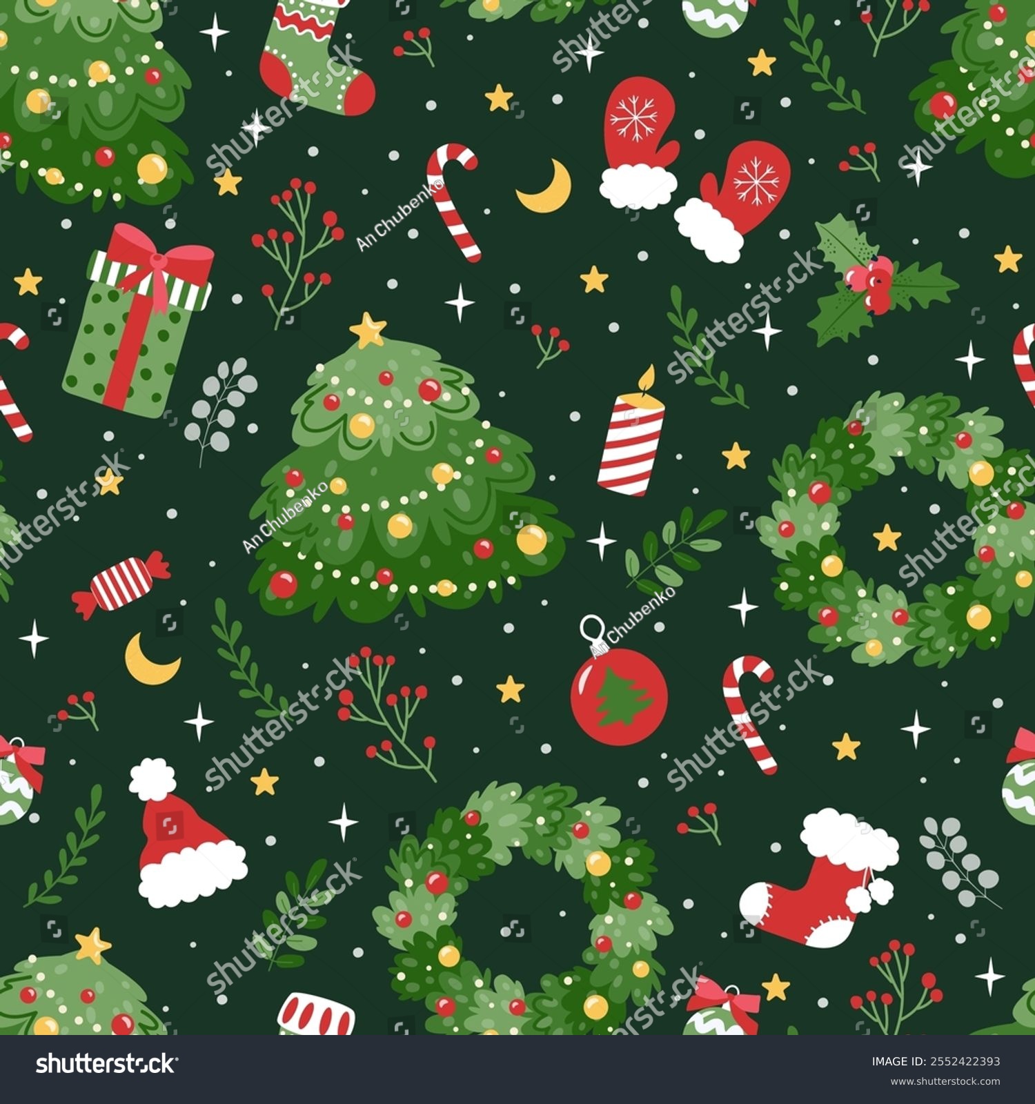 Christmas wreath  New Year tree  decorations. Christmas pattern. Seamless pattern. Flat cartoon illustration