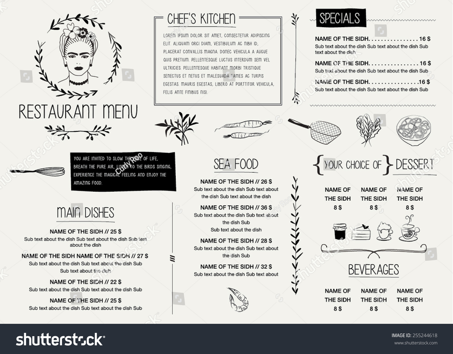 RESTAURANT MENU TEMPLATE. Vector illustration file with editable graphic design elements: typography  dividers  frames  illustrations  decorative elements  icons  symbols etc.