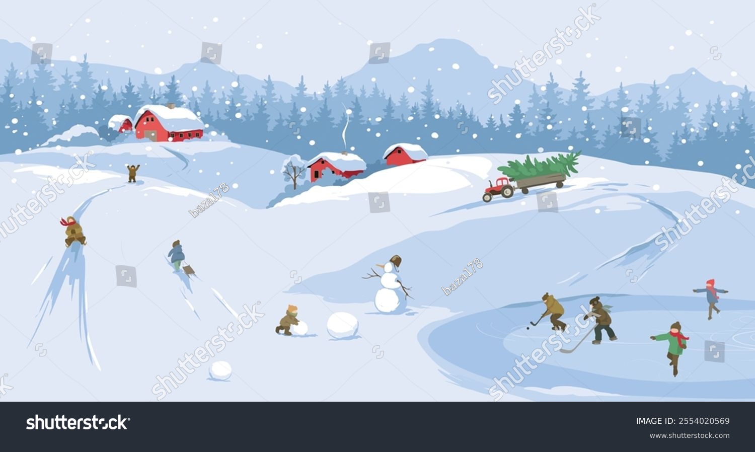 Fun winter games for children -- sledding and skating  Christmas time. Abstract winter rural landscape with old village. Freehand drawing  set of three vector illustrations  triptych.	