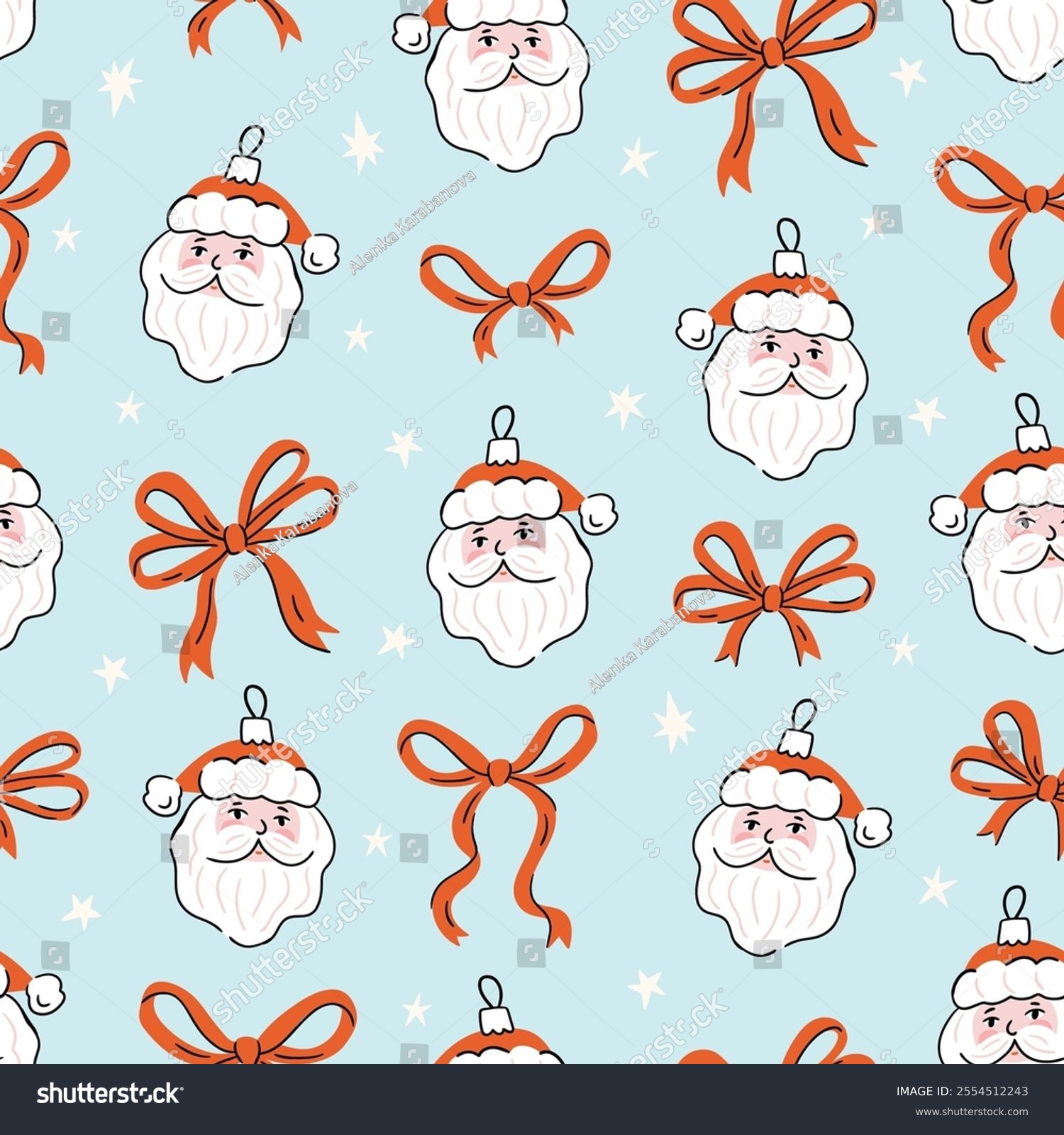 Vector Christmas seamless pattern. Christmas Santa Claus balls and preppy red bows on light blue background. New Year seamless pattern in hand-drawn style.