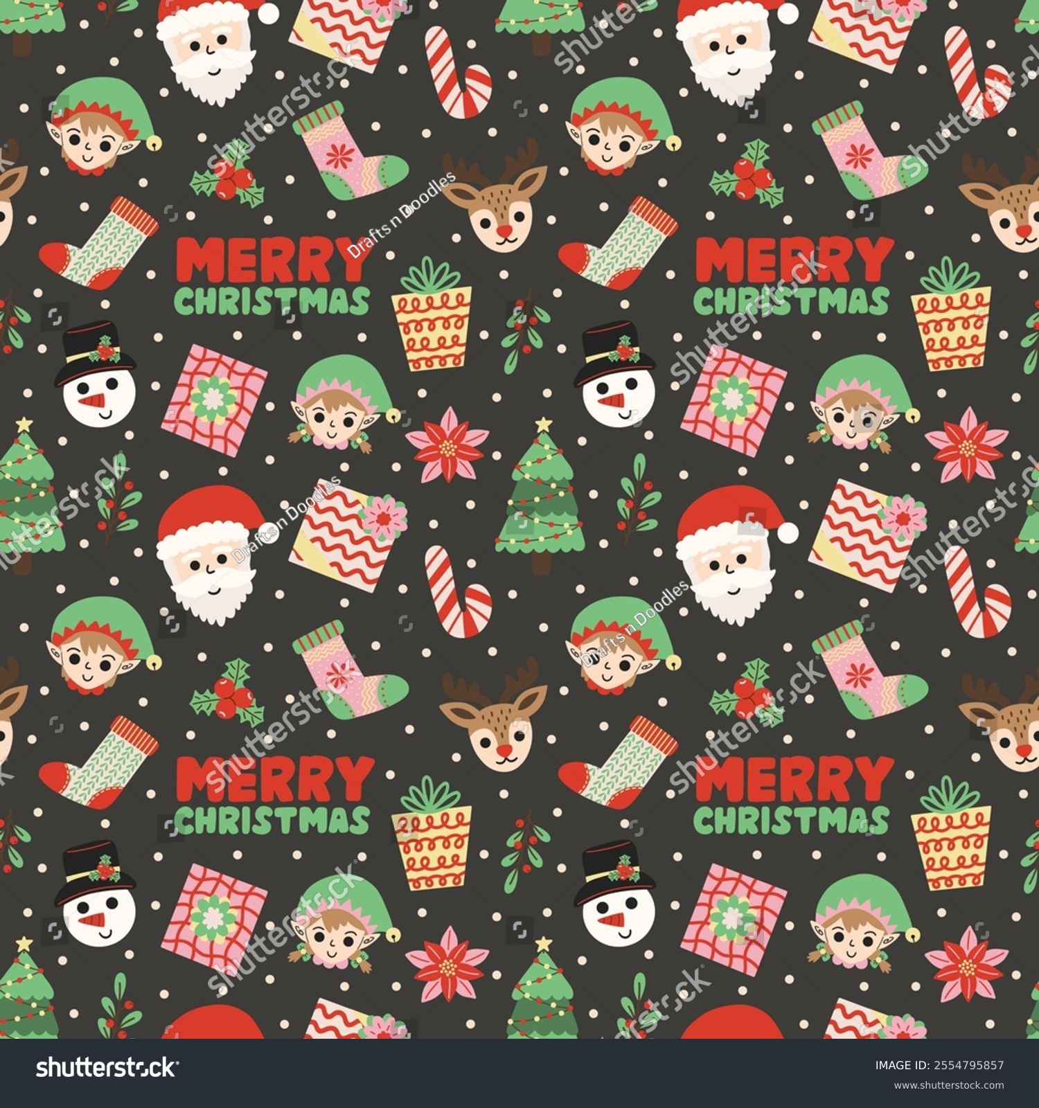 Hand lettered Merry Christmas greetings with Christmas elements on charcoal gray vector seamless pattern design.
