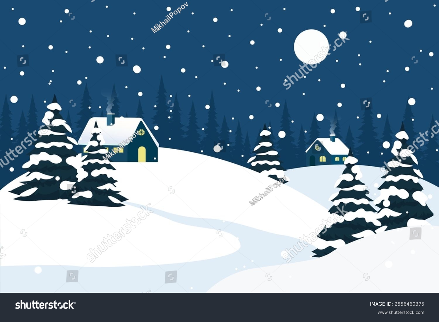 Christmas night rural landscape in the forest. Christmas Eve. Beautiful night winter landscape with a big moon  snow  trees  houses and snowdrifts.