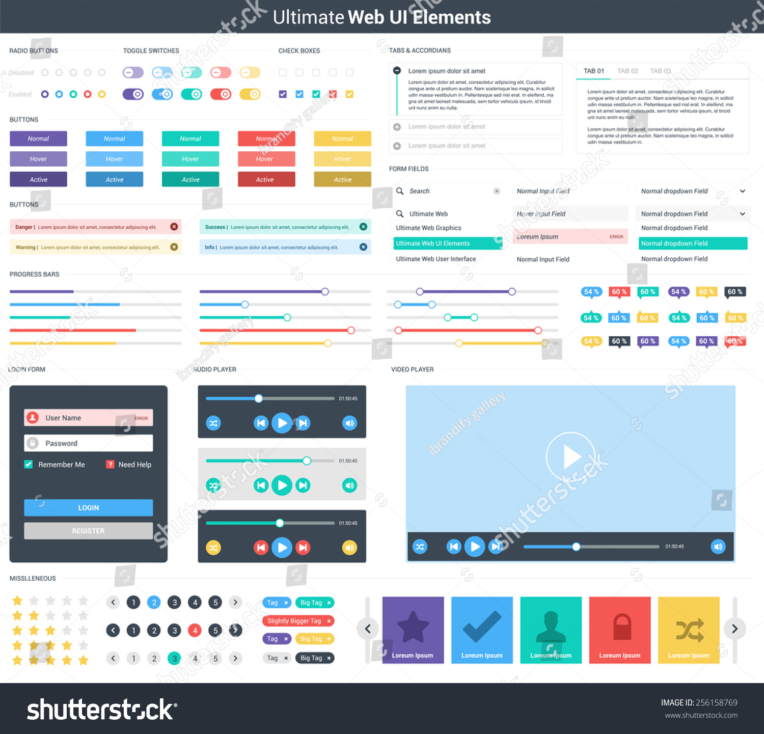Ultimate web UI elements | UI Mega Collection | flat design web elements: Icons  web forms  button  checkbox  radio button  switch button  Tab & accordians  media player  pagination and so on