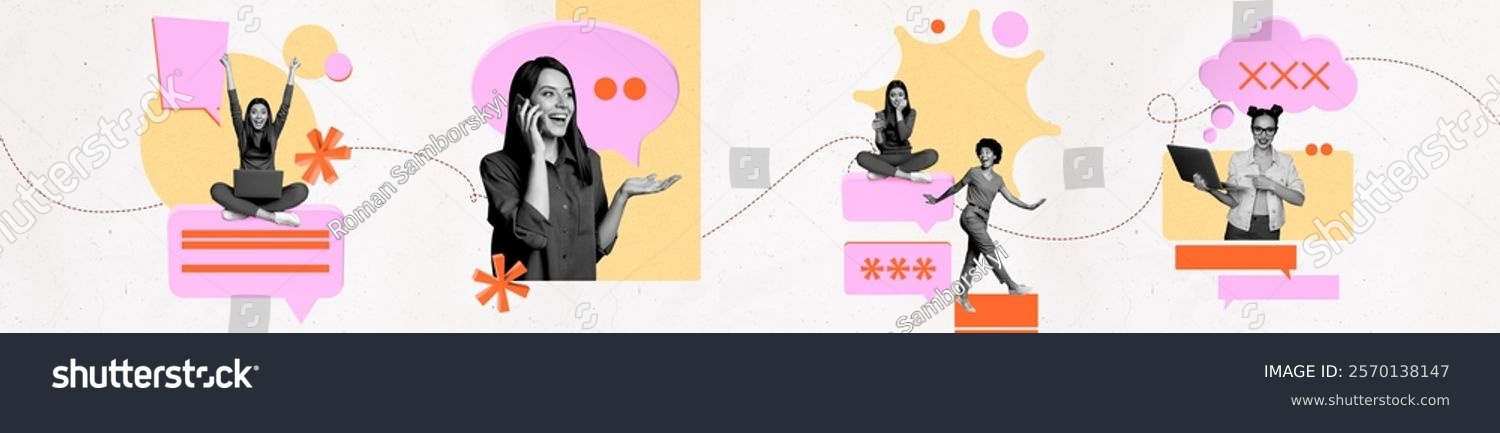 3d sketch poster trend collage image of happy girls chatterbox communication speech cloud password symbol speak phone type laptop