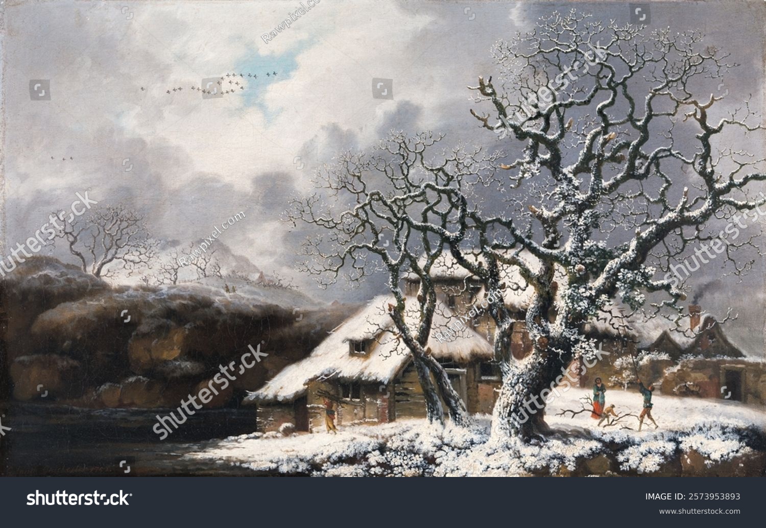 A Winter Landscape. Vintage winter snowy landscape illustration. Vintage winter nature scenery art drawing illustration  old village with huts landscape painting art print.