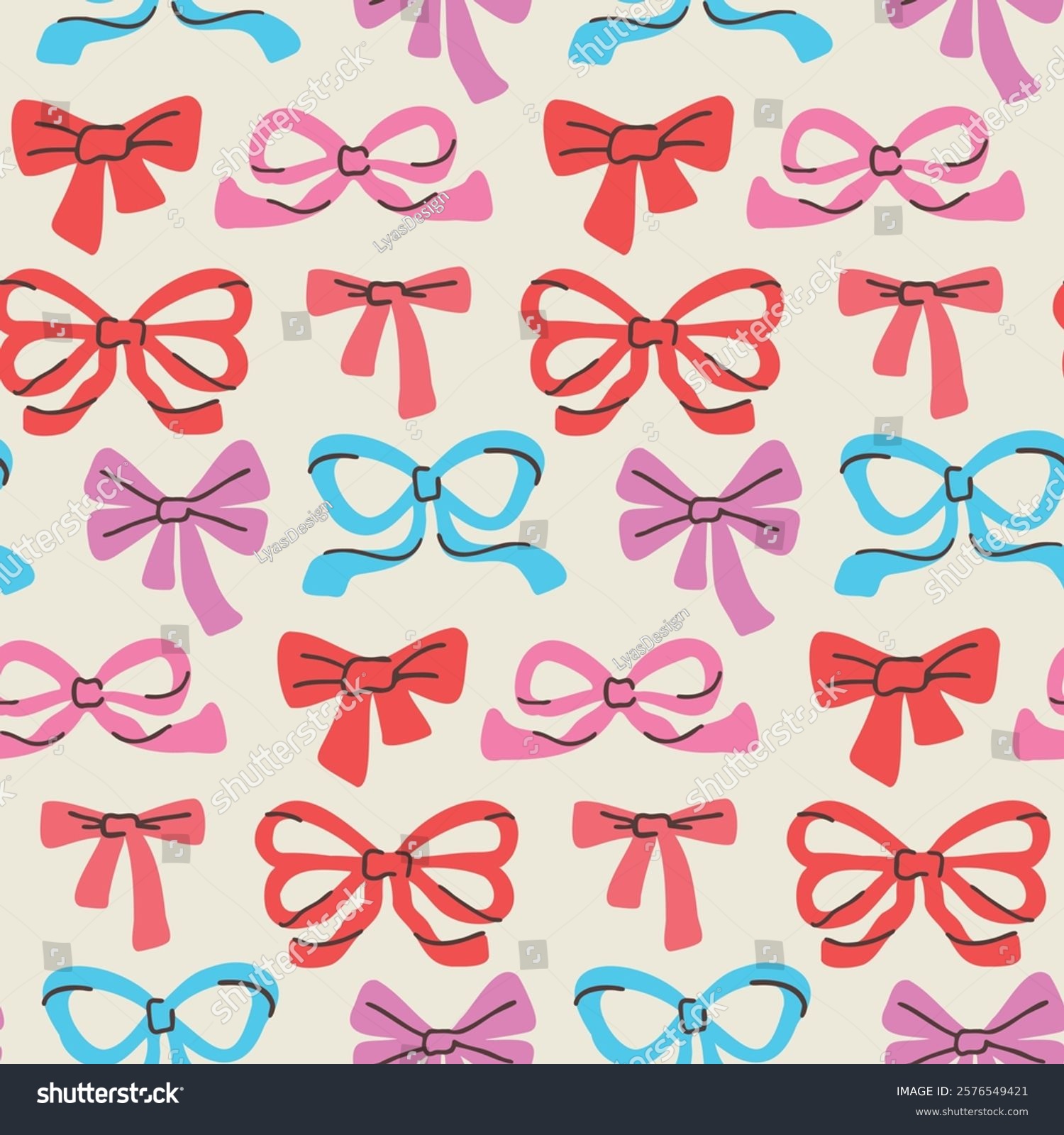 Hand-drawn seamless pattern of colorful bows on a light background  featuring soft shades of pink  red and blue. Cute  romantic  playful design.
