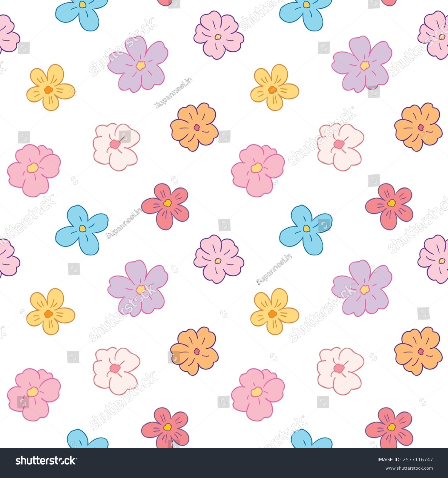 Seamless Pattern with Hand Drawn Flower Design on White Background. Hand Drawn Vector Illustration. Not AI Generated.