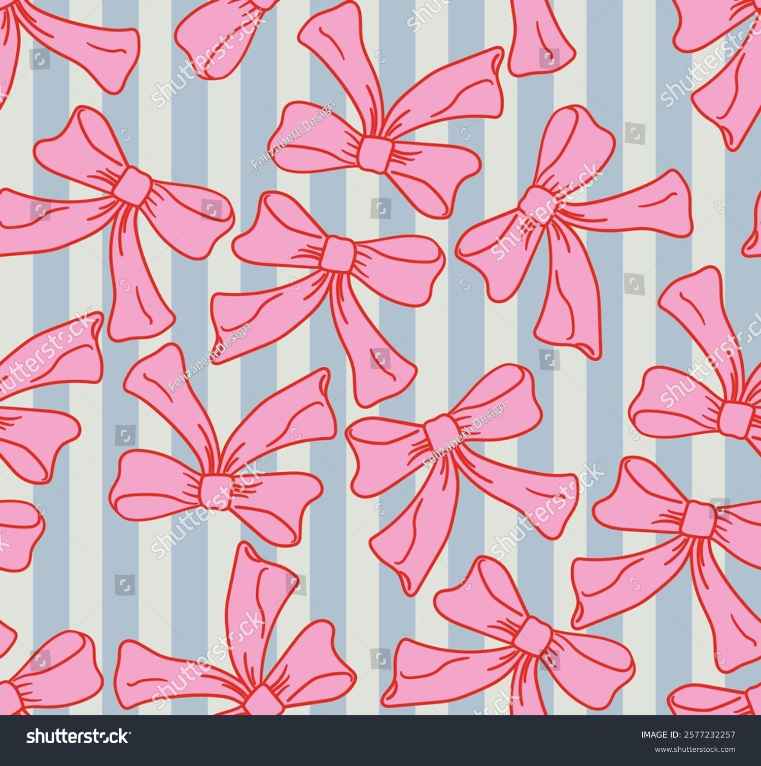 Vintage seamless pattern with pink bows and stripes. Vector flat background with hand drawn ribbon bowknots. Retro coquette aesthetic