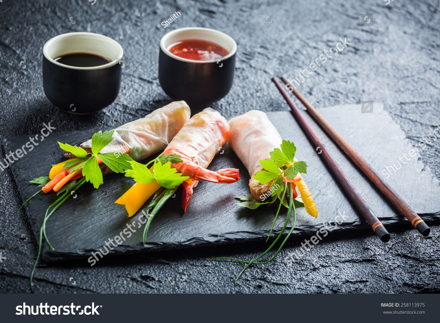 Spring rolls with vegetables served with soy sauce