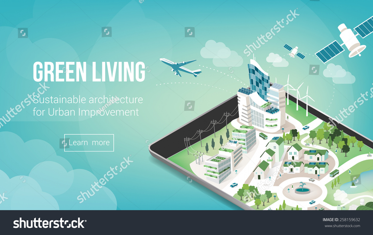 Green city and sustainable architecture banner with 3d metropolis on a touch screen tablet or smart phone