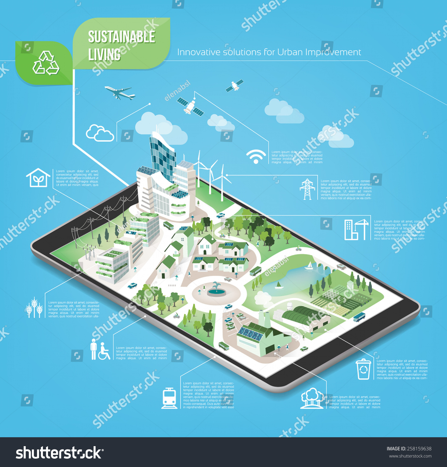 Sustainable city on a digital touch screen tablet with icons set on architecture and environmental care