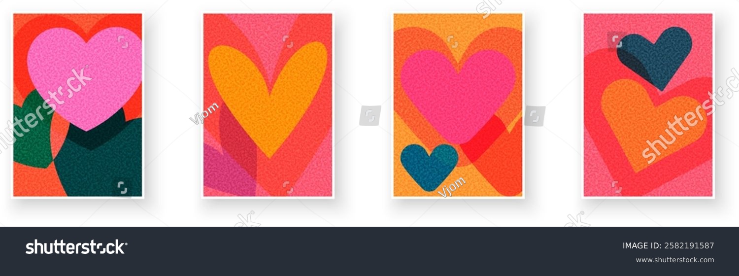 Overlapping vibrant heart shapes in bold colors create a playful and romantic vector illustration for designs.