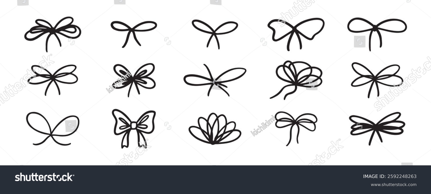 Crayon bow gift ribbons. Bowknot for planner diary  package or letter. Bow line stroke clipart grunge style. Vector chalk bows element set. Vector illustration