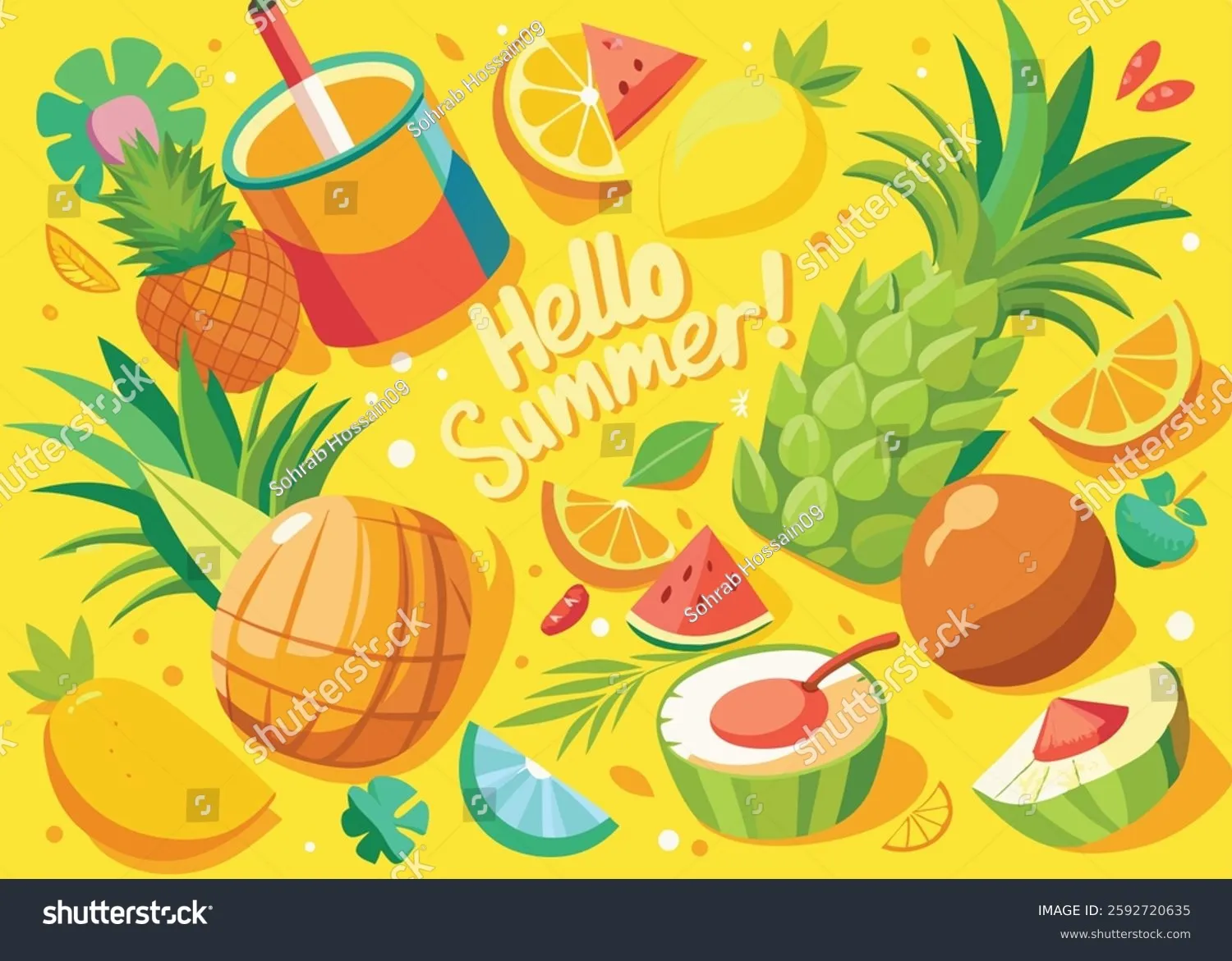 Hello Summer Tropical Fruit Vector Art Pineapple Banana and Coconut ...