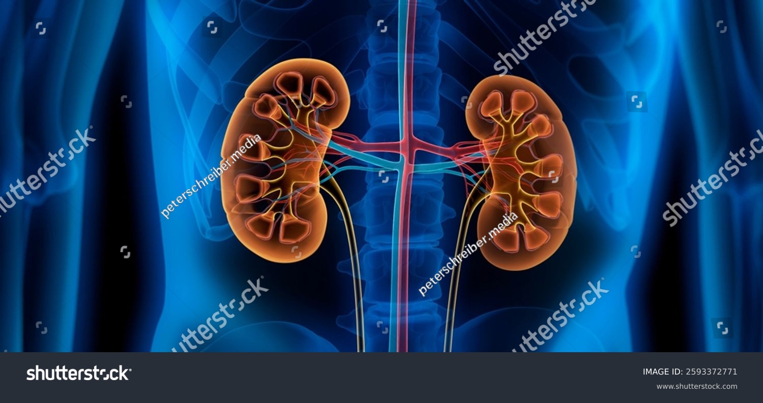 3D illustration of human kidneys with cross-section