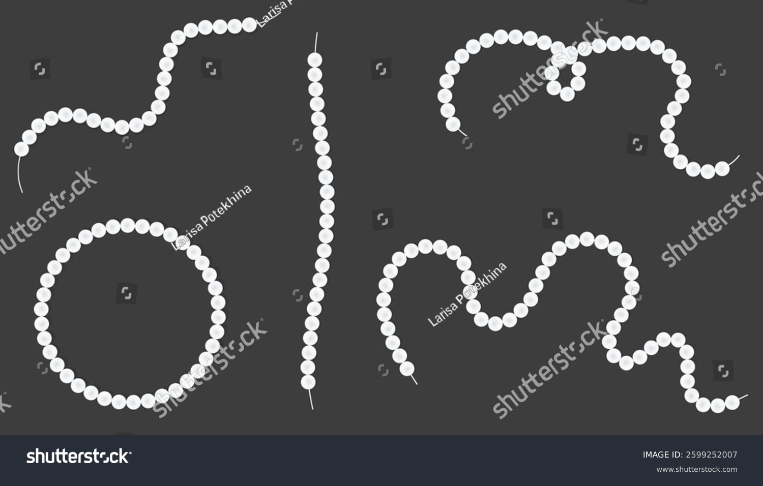 Various arrangements of pearl necklaces. Set of white pearl beads on different shape strings. Mother-of-pearl necklace collection on black velvet background.