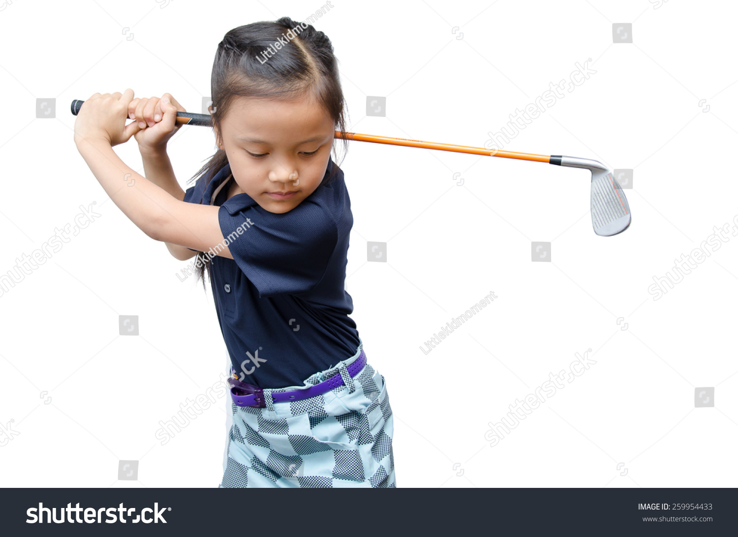Little asian girl training in golf sport girl isolate on white