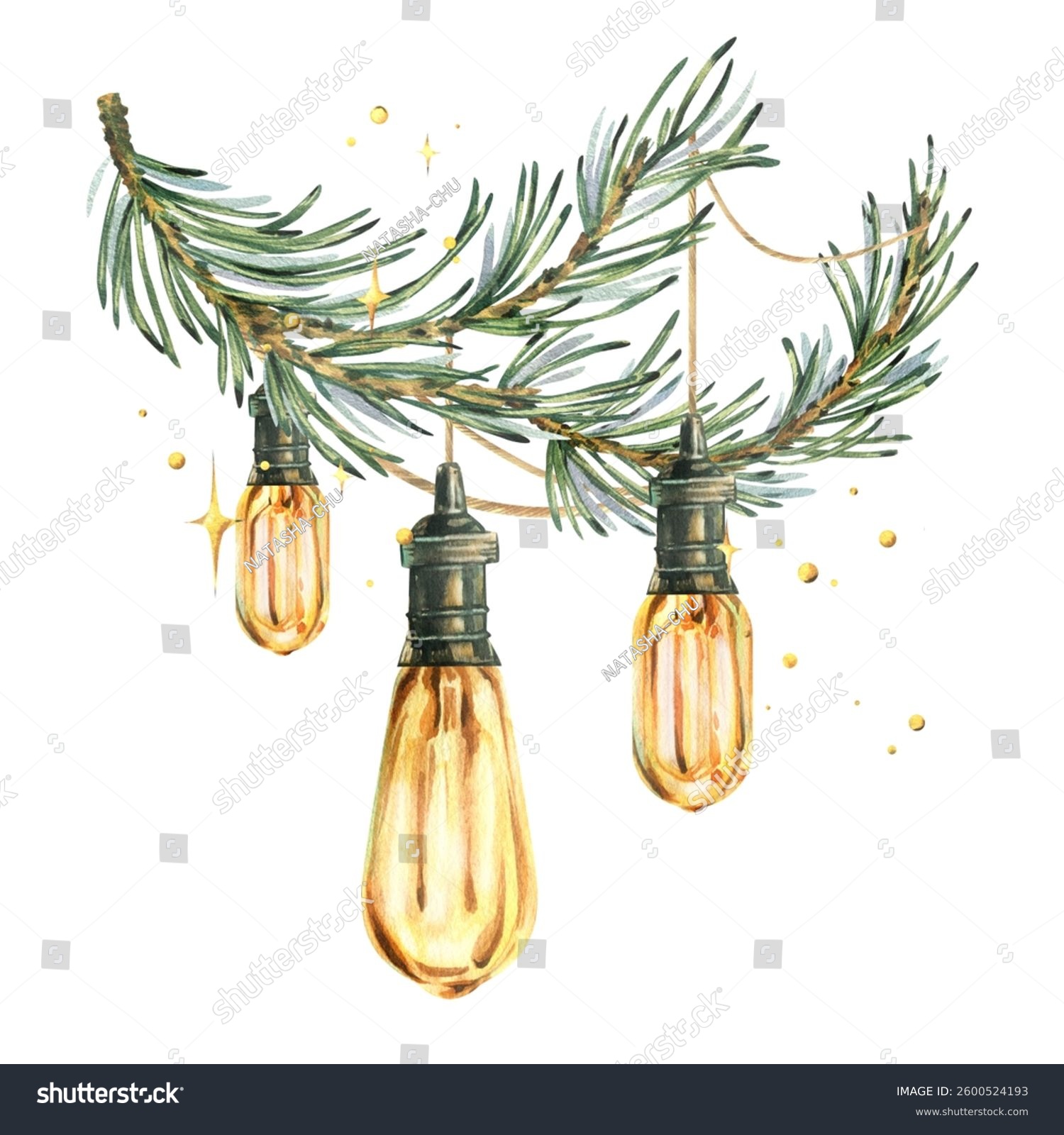 Retro Edison bulbs shine hanging on wires on pine branch with sparkling stars. New Year  Christmas watercolor illustration hand drawn. Composition  sublimation  arrangement isolated from background
