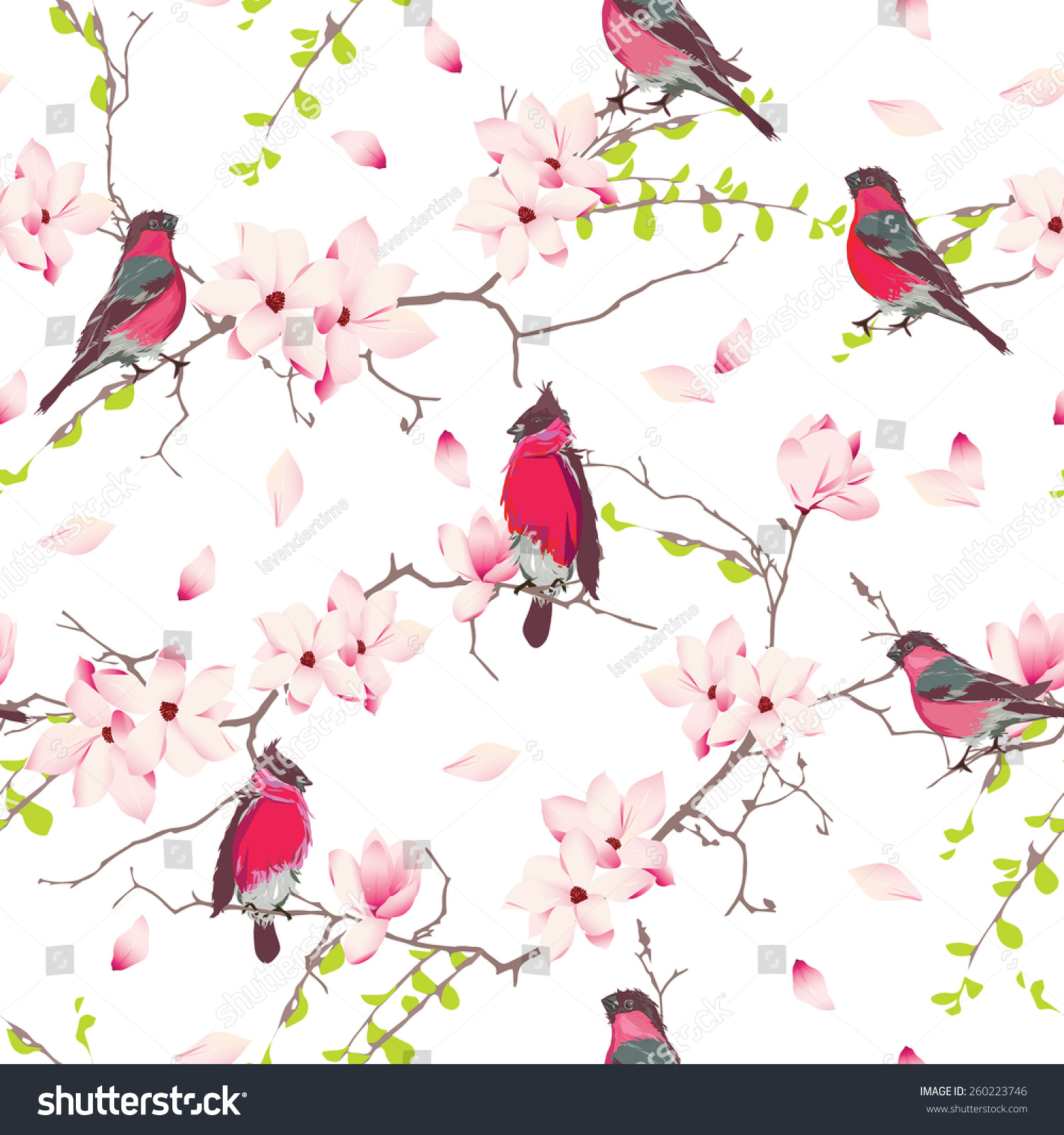 Red bullfinches on the magnolia tree vector seamless print