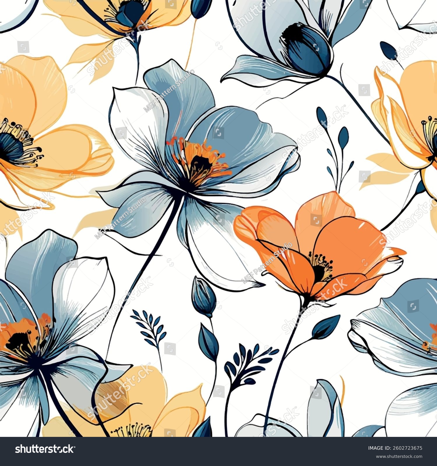 Seamless floral pattern with isolated abstract hand drawn art spring ...