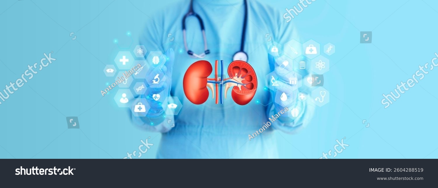 The doctor analyzes the kidneys. Nephrologist on light blue background with medicine and anatomy icons.