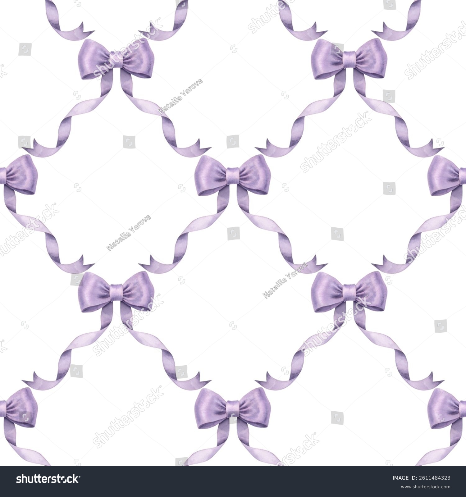Seamless pattern Watercolor violet gift bow  silk ribbon diagonal rhombus. Painted bowknot elements white background. Hand drawn illustration bowtie. For print  fabric  wrapping  wallpaper gift decor