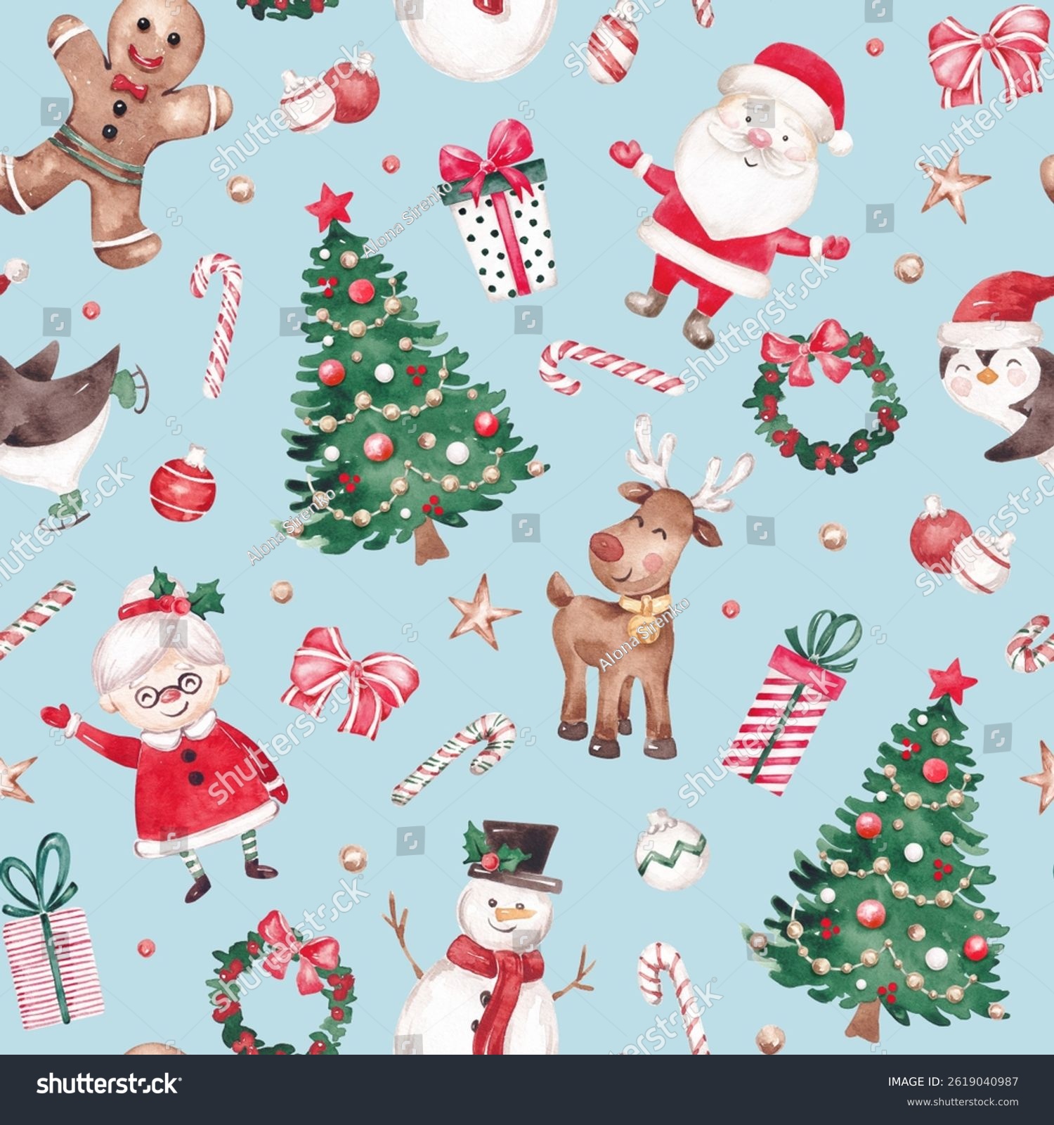 Merry Christmas seamless pattern with  traditional characters. Hand drawn with watercolor. Festive Xmas design for wrapping paper  textile  fabric  giftware  packaging