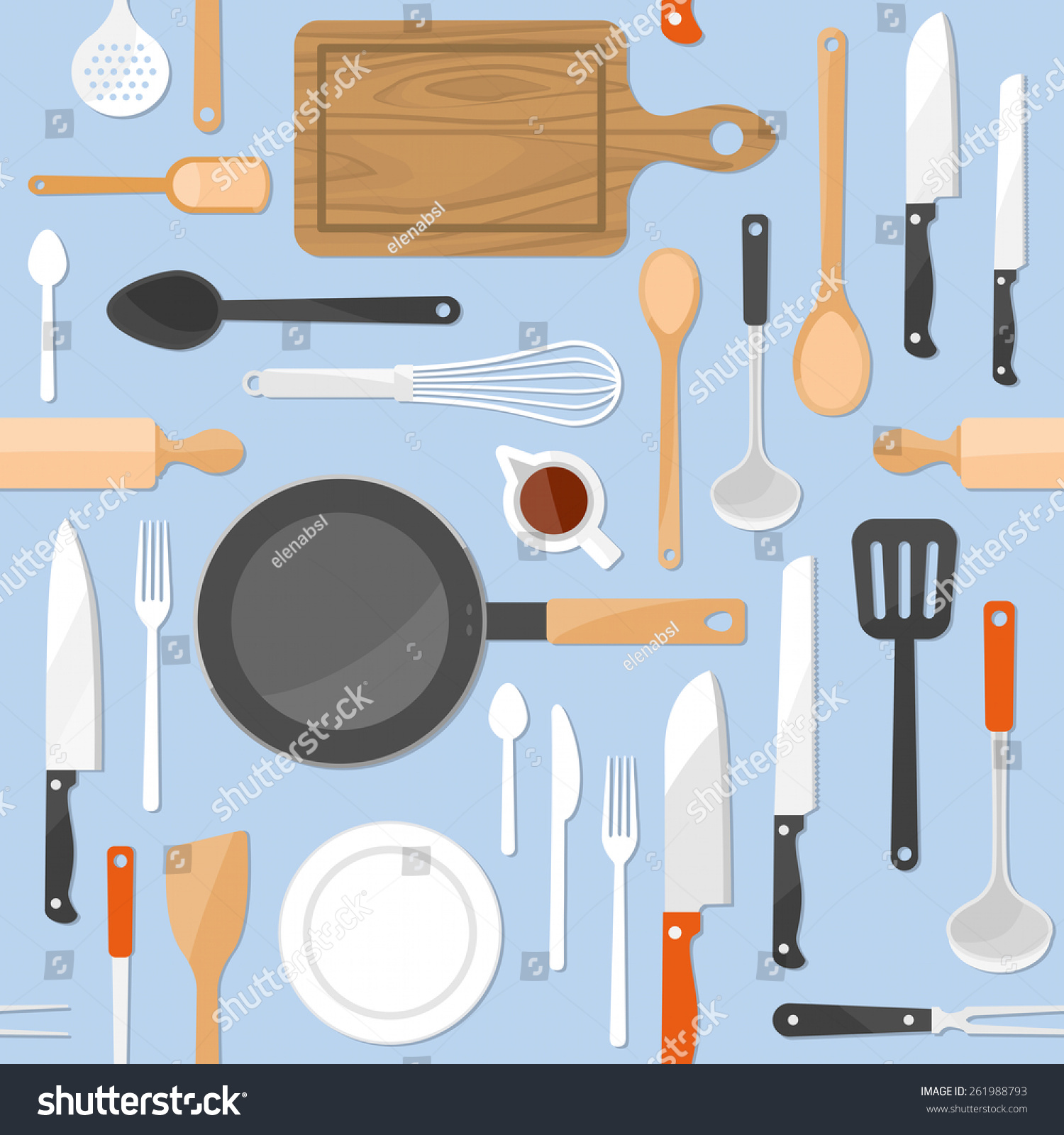 KItchen tools seamless pattern with kitchenware equipment on light blue pastel background