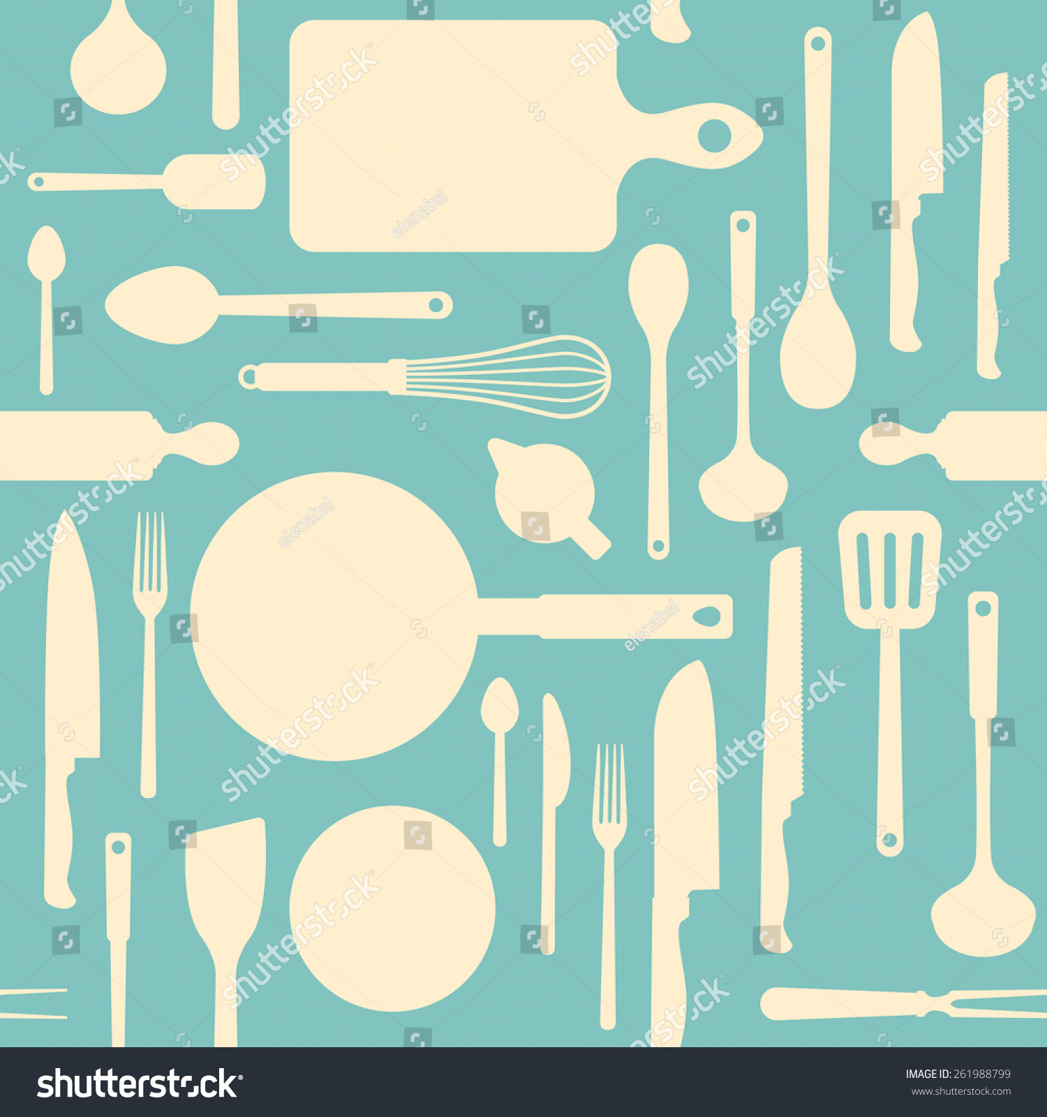 Vintage kitchen and cooking tools seamless pattern with kitchenware equipment on light blue background