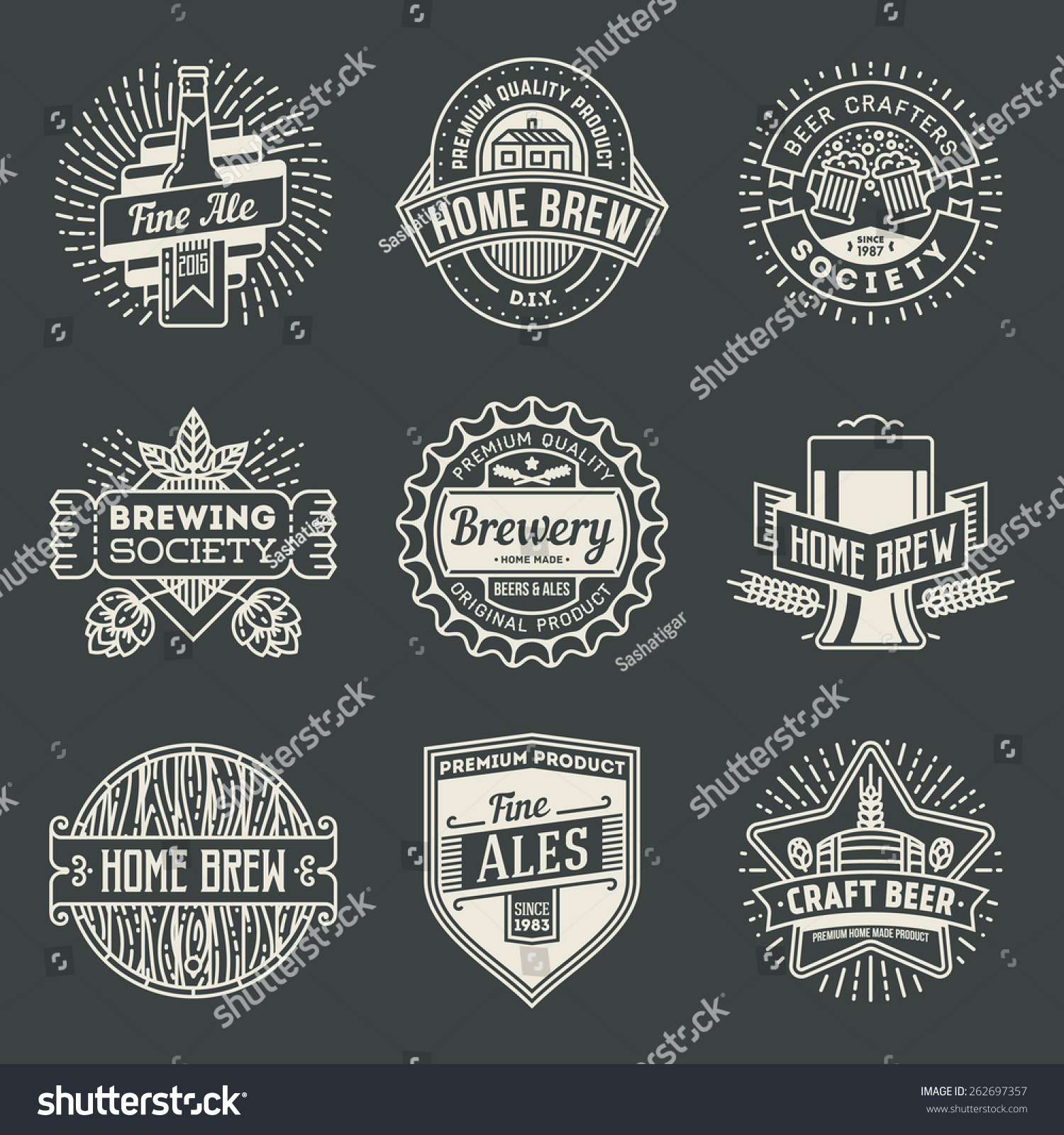 Retro design insignias line art logotypes home brewery set 2. Vector high quality vintage elements.