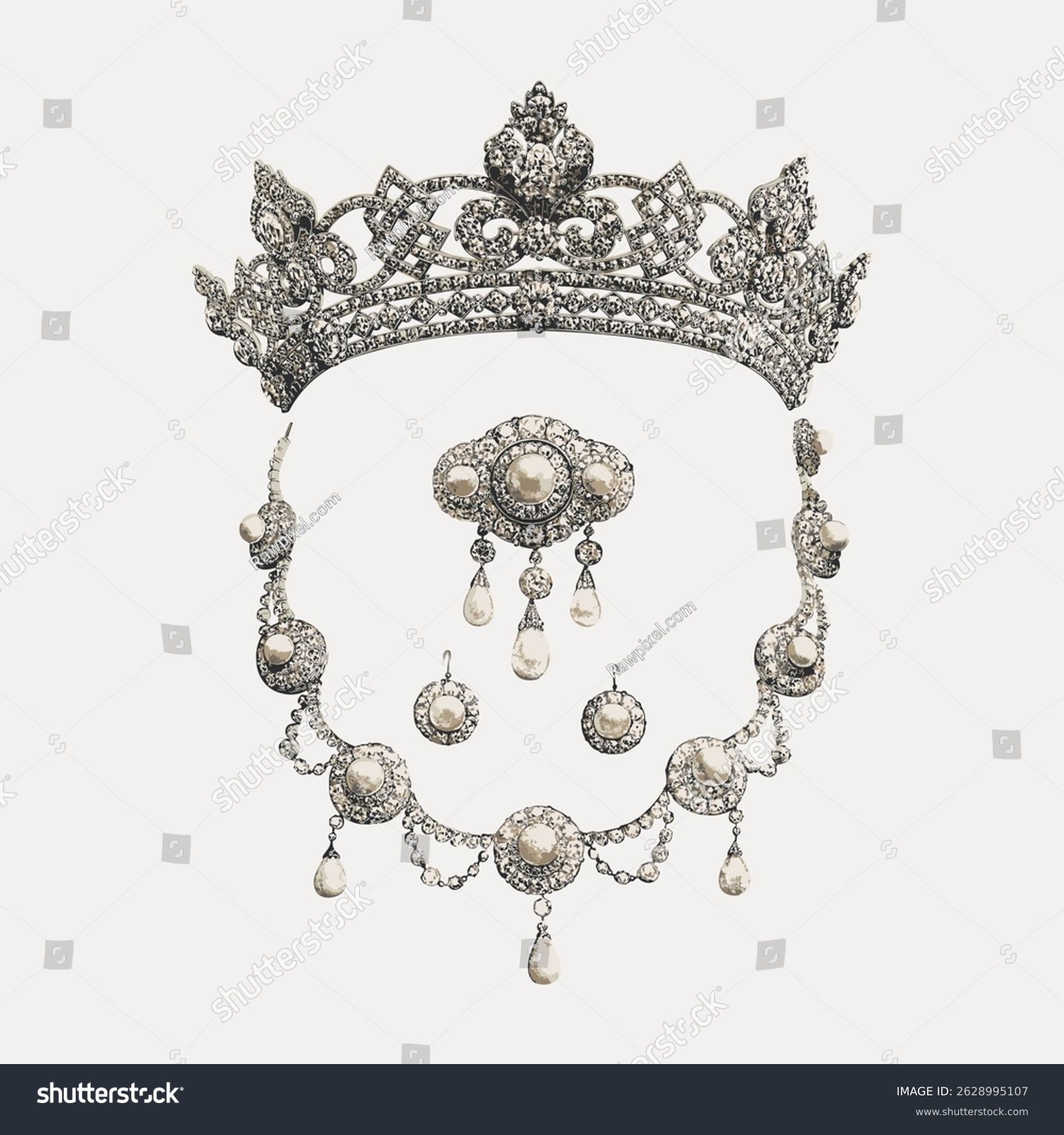 Ornate silver tiara  necklace  earrings with pearls. Elegant jewelry set with intricate design. Silver and pearls create a luxurious  regal appearance. Vintage art illustration vector.