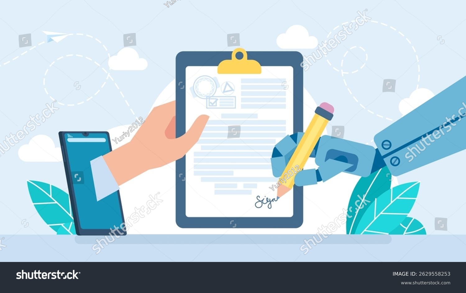Robot hand holding pen signature document signing up contract in mobile phone app  humanoid sign agreement. Artificial intelligence digital futuristic technology concept. Vector illustration