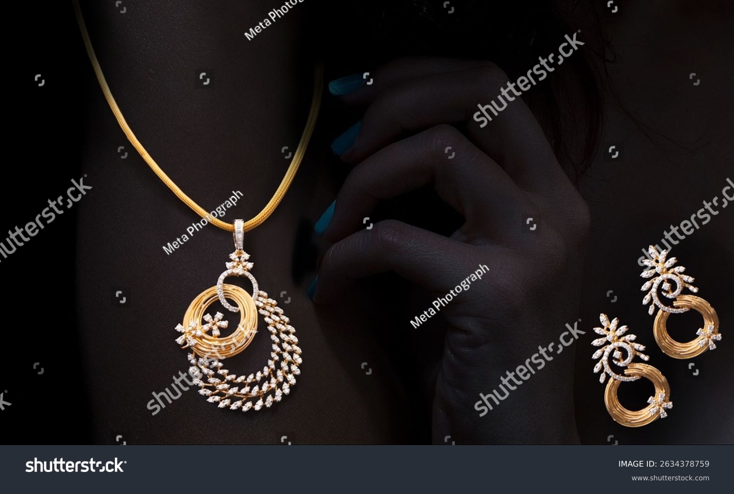 Luxurious gold necklace and matching earrings with intricate diamond detailing  elegantly showcased on a model against a dark background for a premium  fashion-forward look.
