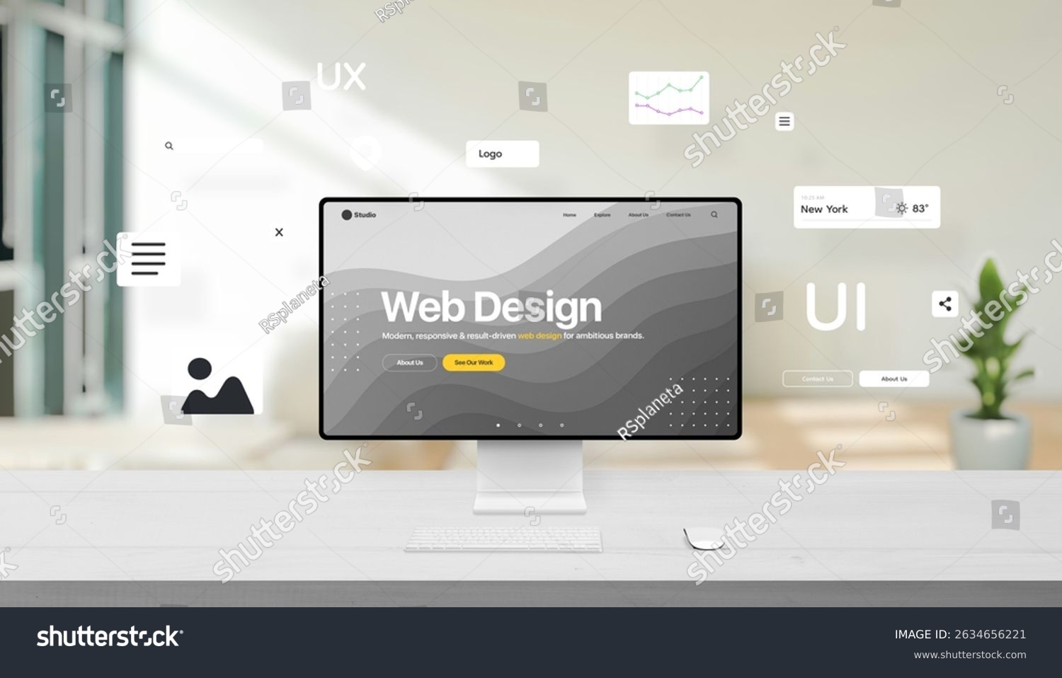 Computer display on office desk surrounded by floating UI elements like menu icons share buttons image boxes and text alignment blocks