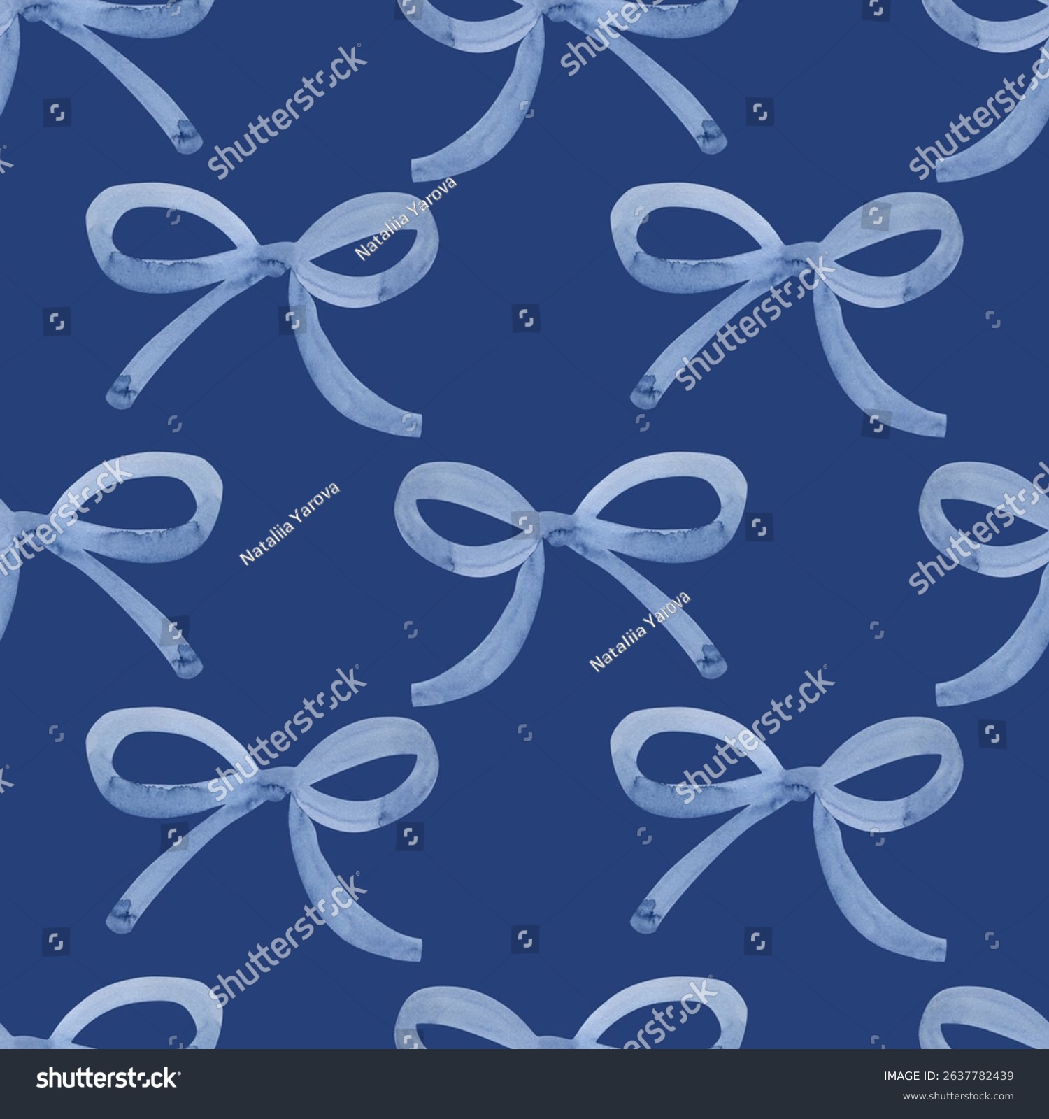 Seamless pattern Watercolor blue gift bow  ribbon drawings. Hand drawn illustration bowtie. Painted bowknot elements background blue. For print  fabric  wrapping  wallpaper  greeting cards decor