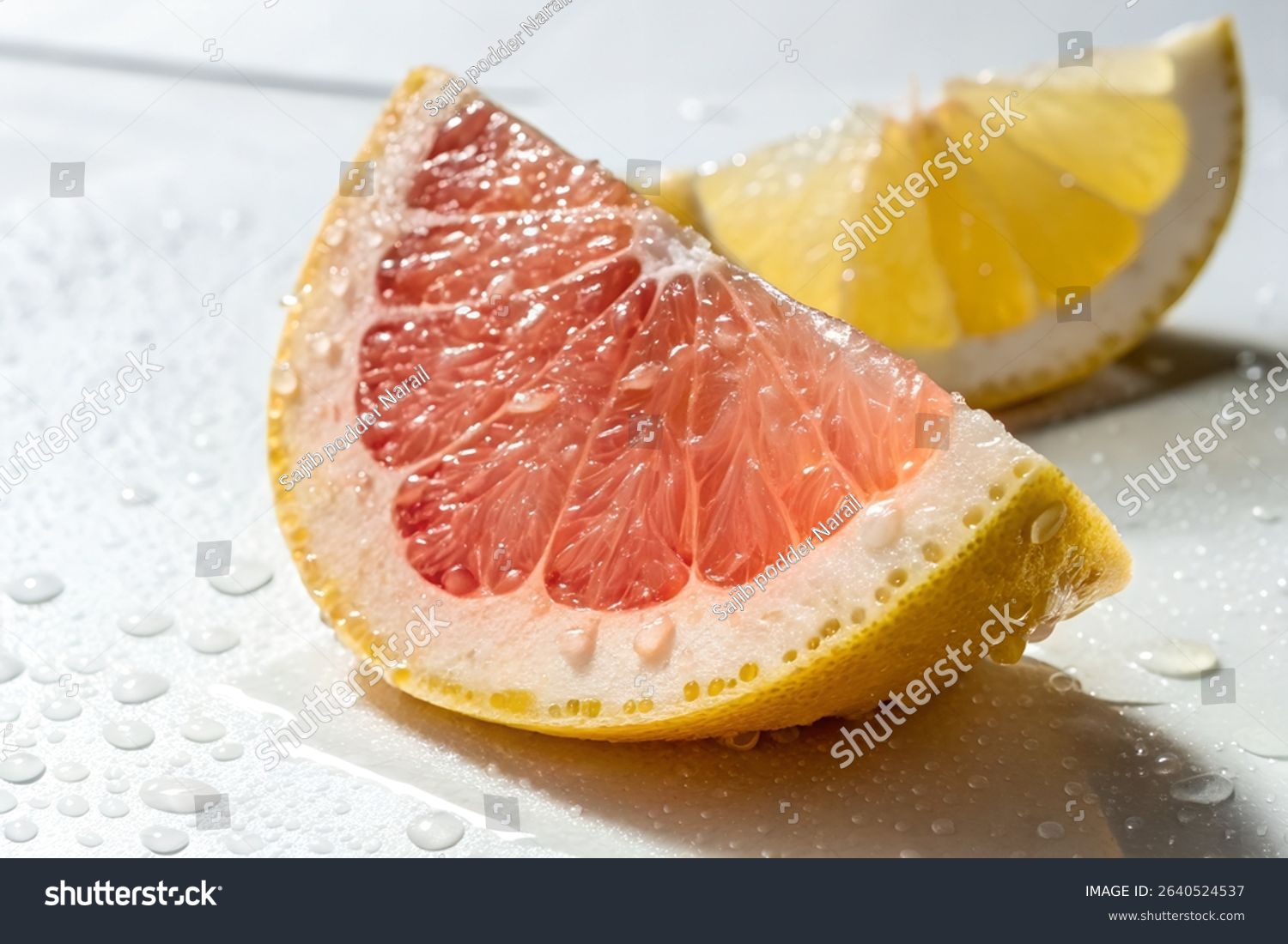 A vibrant close-up captures a glistening grapefruit wedge  its pink flesh contrasting with the yellow lemon slice in the background. Water droplets enhance the image's freshness.