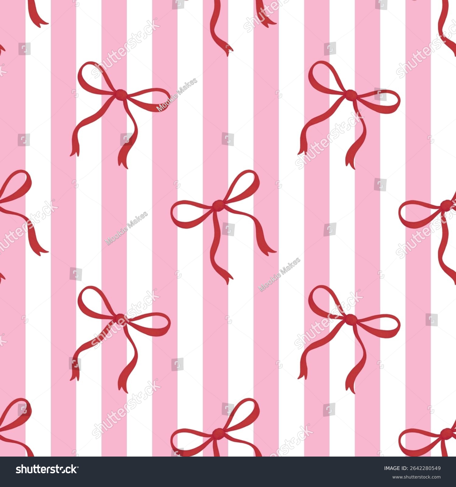 Seamless pink and white stripe pattern with red bows – cute girly background for fabric  Valentine’s wrapping  or romantic digital design