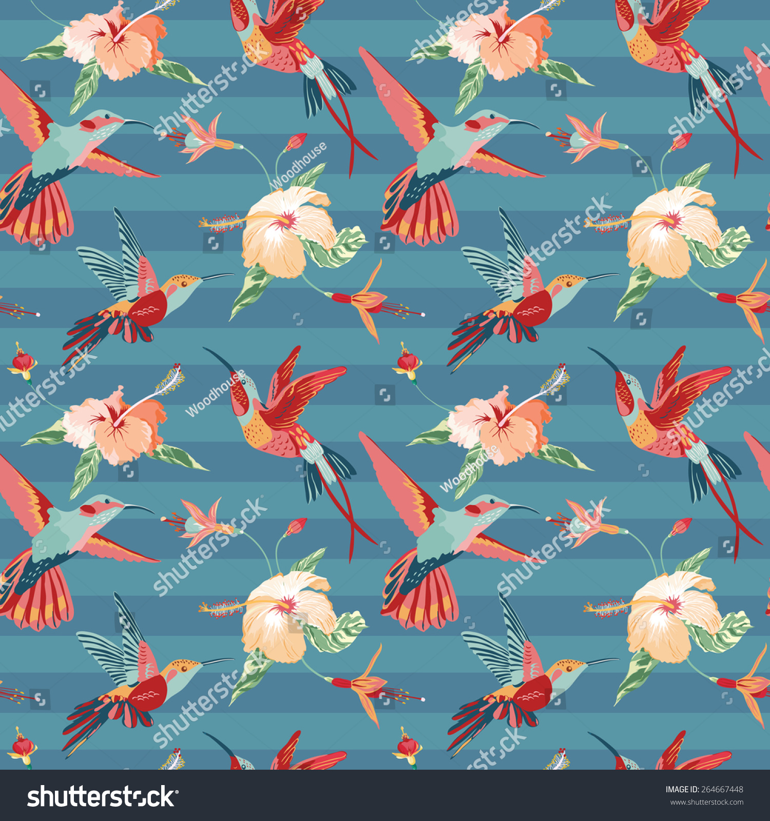 Hummingbird and Tropical Background - Retro seamless pattern in vector