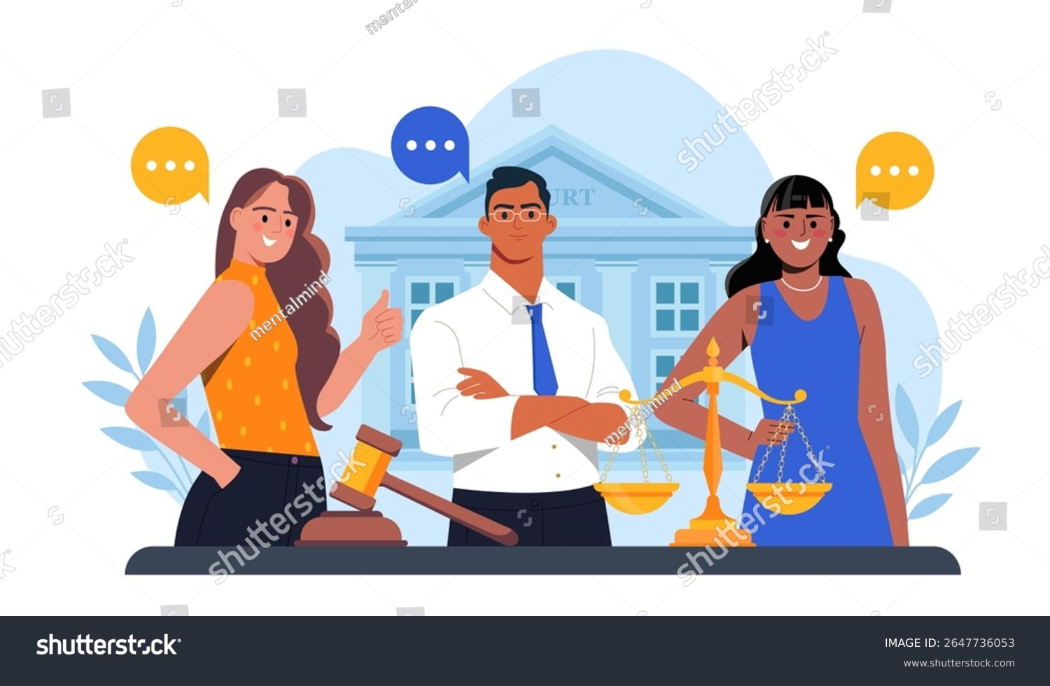 Group of diverse legal professionals with law symbols like gavel and scales in front of a courthouse  flat style on white background. Concept of justice. Vector illustration