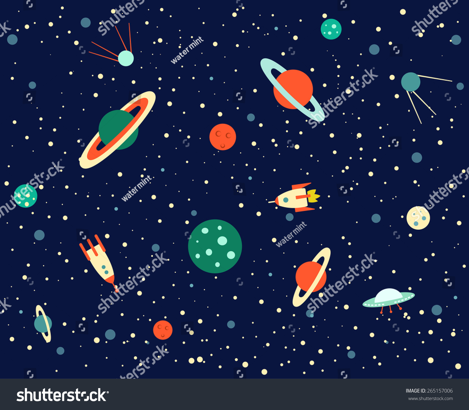 Space set of planets  orbits  rockets  satellite  flying saucer  stars. Cosmos. Vector illustration. Cartoon icons.